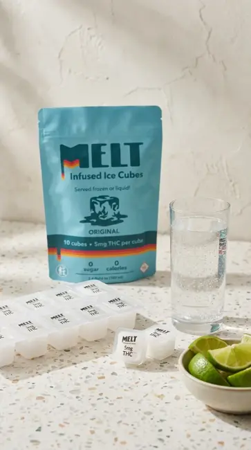 MELT Original product with drink, ice cubes and citrus